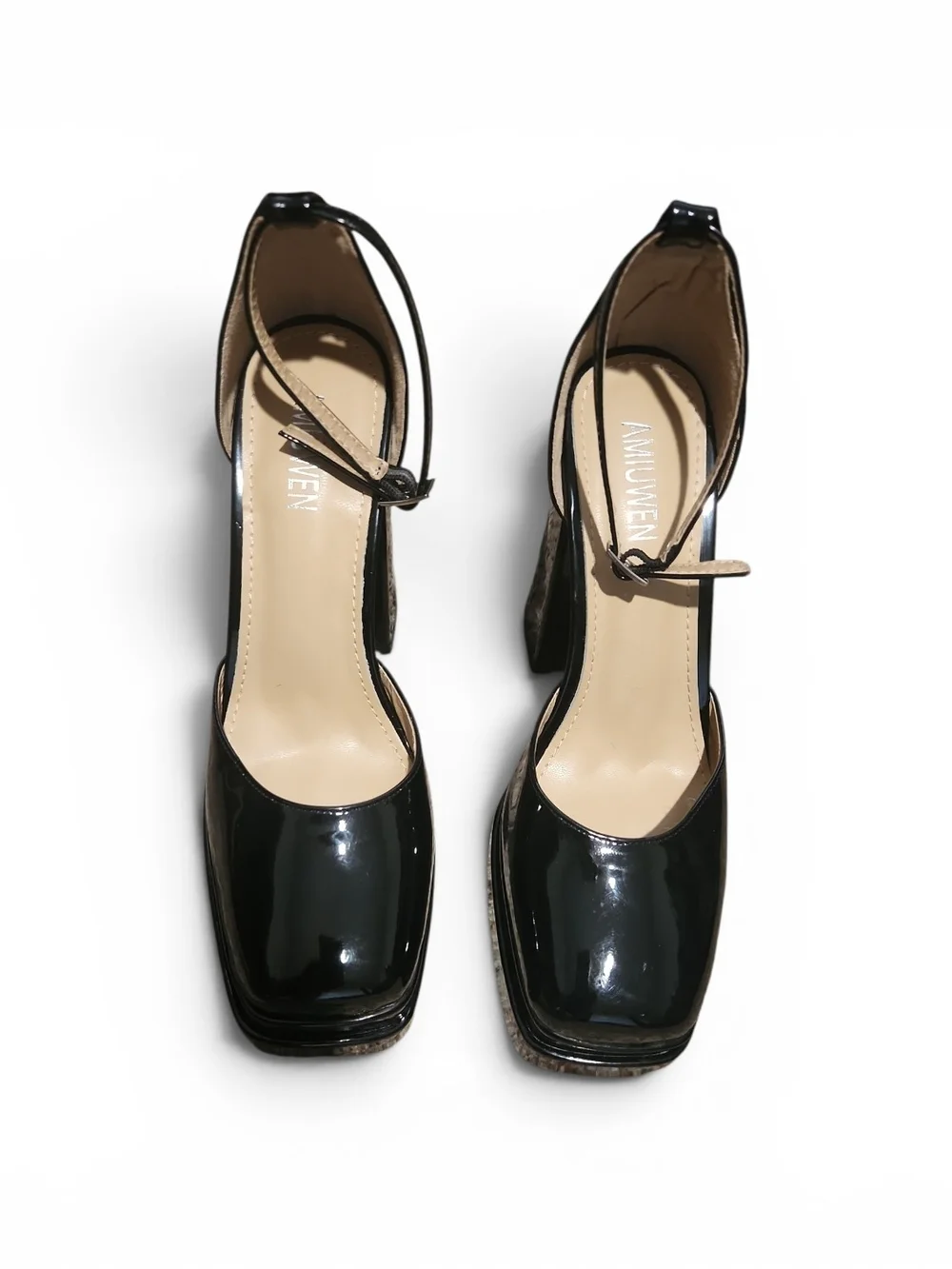 Patent Black Platform Block Heel Sandals with Ankle Strap